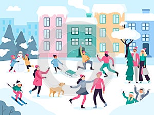 Winter city activities. Snow outdoors people walking, family holidays fun and urban events vector illustration