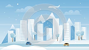 Winter city, cartoon modern urban town metropolis landscape, snowy panorama cityscape background