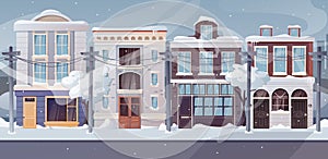 Winter city cold landscape. Suburban multi storey classic buildings, house architecture. Snowdrifts and snowfall. Vector
