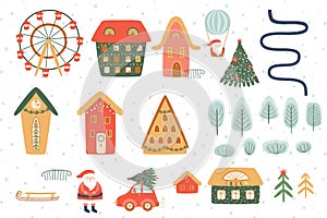 WInter city constructor set elements Christmas houses, village creator. City wheel, car, Santa. Christmas town elements