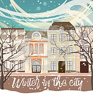 Winter in the city. Cute snowy landscape.