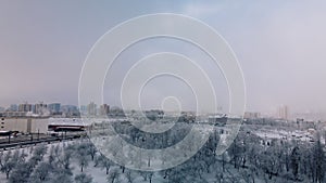 Winter city garden.  Trees in the snow. Flying over a snow-covered park. Aerial photography
