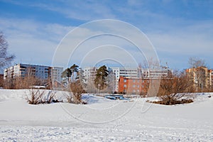 Winter city landscape with new high-altitude houses