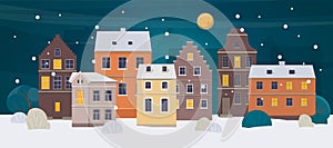 Winter city landscape. Old town with different houses at night