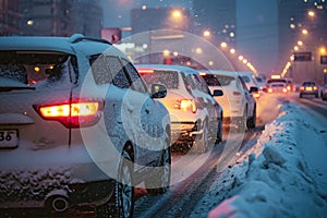 Winter city roads. Many cars are stuck in city traffic jam due heavy snow and difficult weather conditions