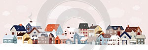 Winter City Scene,Christmas Greeting Card,New Year 2024 Background,Vector illustration of Horizon Cute Fairy Houses with Snowy for