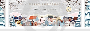 Winter City Scene,Christmas Greeting Card,New Year 2024 Background,Vector illustration of Horizon Cute Fairy Houses with Snowy for