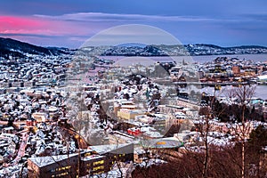 Winter City Scenery with Aerial View of Bergen Center at Twilight