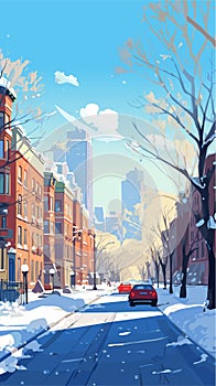 Winter city sunny morning. Vector illustration