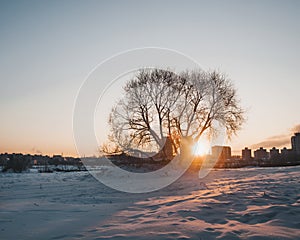 The winter city sunset