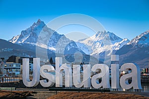 View of the Ushuaia sign in winter photo