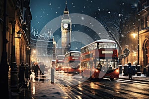 Winter cityscape featuring snow covered street of London with festive lights and decorations, red bus, a light snowfall
