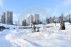 Winter cityscape in a park in Moscow, Russia. Day