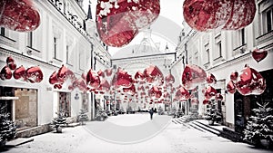 Winter cityscape with red balons and snow.