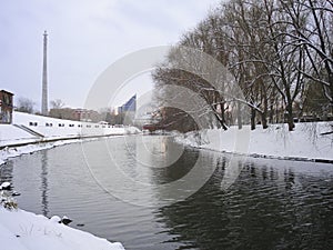 Winter cityscape. River and reflections. Yekaterinburg. December