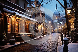 Winter cityscape snow covered streets of Paris lined with historical buildings adorned with festive lights and