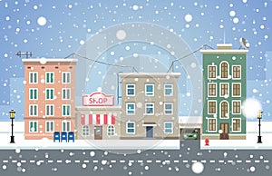 Winter cityscape. Snowfall in small town vector illustration.