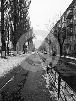 Winter cityscape. The street goes to the horizon. Black and white