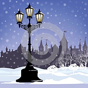 Winter Cityscape with street lamp, snowlandscape