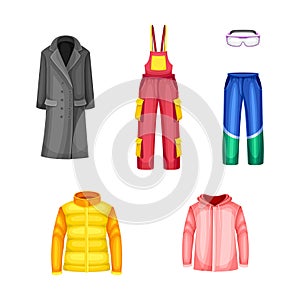 Winter Clothes with Coat, Jumpsuit, Pants and Puffer Jacket as Warm Outerwear and Protection Against Cold Weather Vector