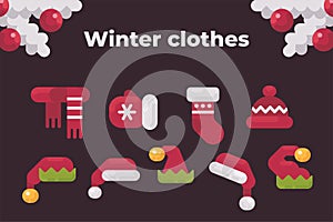 Winter clothes collection. Christmas party items flat illustration