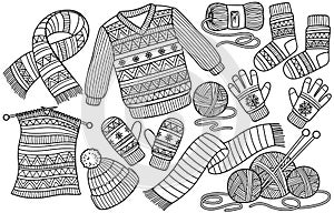 Winter clothes coloring page. Knitted hat and scarf, socks, gloves, Christmas sweater isolated on white background in