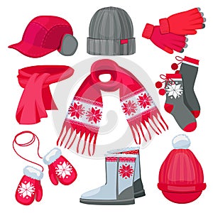 Winter clothes. Hat cap scarf mittens fur christmas fashion clothes isolated on white vector collection