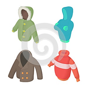 Winter clothes icon set, cartoon style