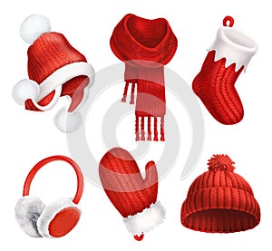 Winter clothes. Knitted hat. Christmas sock. Scarf. Mitten. Earmuffs. Vector icon photo