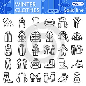 Winter clothes line icon set, outdoor clothing symbols collection or sketches. Cold weather activewear linear style