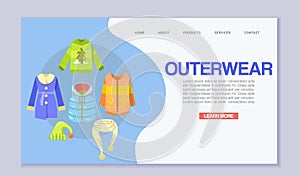 Winter clothes or outerwear web template, vector illustration. Clothing for outdoor activities web page. Sportswear and