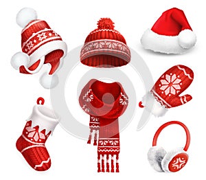 Winter clothes. Santa stocking cap. Knitted hat. Christmas sock. Scarf. Mitten. Earmuffs. Vector icon photo