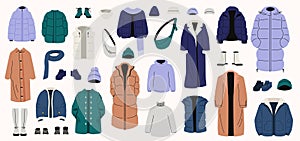 Winter clothes set. Cartoon winter wardrobe with casual and elegant clothing, male and female cold weather outfits