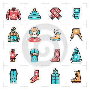 Winter clothes vector isolated line icons set, sport, outline sportswear