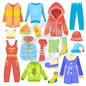 Winter clothes vector warm clothing sweater or coat with scarf and hat in wintertime illustration set of boot and