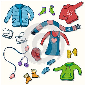 Winter clothing set of vector illustrations. Collection of warm