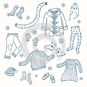 Winter clothing set of vector illustrations. Collection of warm