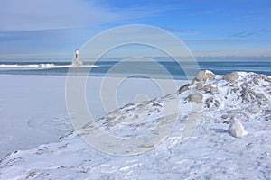 Winter Coastal Scenic of Lake Michigan Harbor Marker