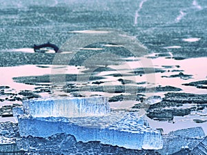 Winter coastal under icy cover. Icy andscape with broken pieces of blue ice. photo