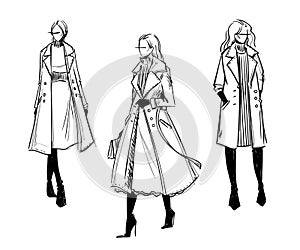 Winter coat. Fashion illustration, vector, black and white sketch