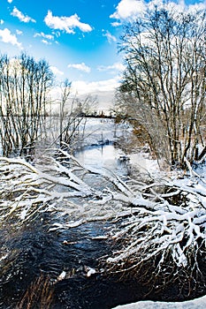 The winter cold river has not yet frozen, over the river a snow-covered tree hangs