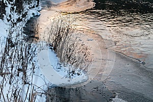 Winter cold snowy frozen river shore close-up