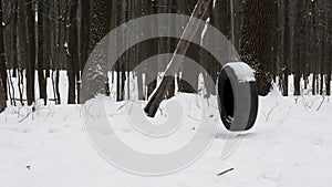 Winter cold. A swing from a car wheel, a swing in the forest, a bungee on a cable in a winter forest. Winter background with trees