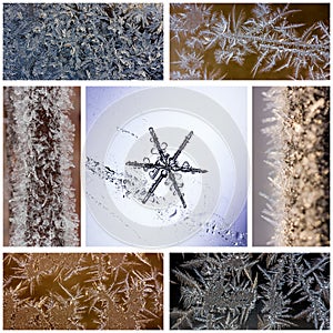 Winter collage of macro photos of snowflakes and frosty patterns on glass and frost