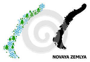 Winter Collage Map of Novaya Zemlya Islands of Snowflakes and Fir Forest