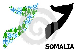 Winter Collage Map of Somalia with Snowflakes and Fir Trees