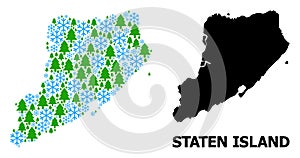 Winter Collage Map of Staten Island of Snow Flakes and Fir-Trees