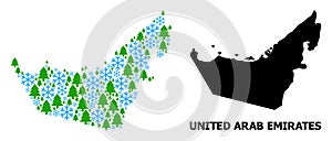 Winter Collage Map of United Arab Emirates with Snowflakes and Fir-Trees