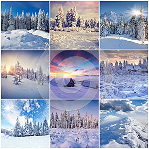 Winter collage with 9 square Christmas landscapes.