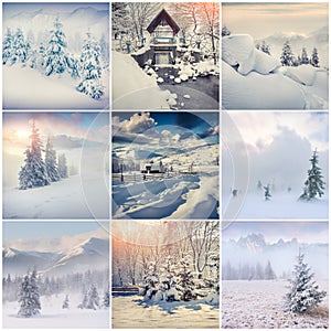 Winter collage with 9 square Christmas landscapes.